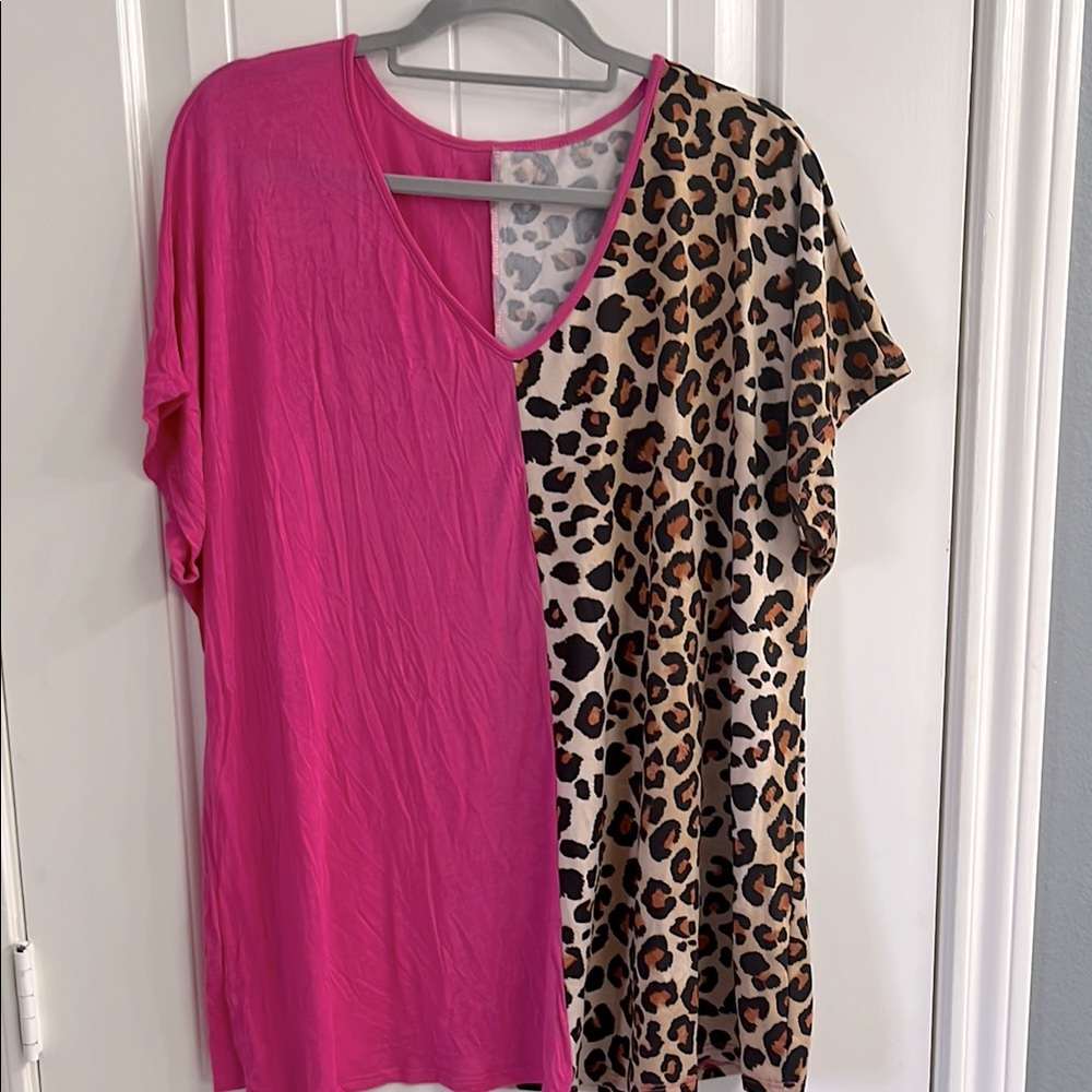 Pink and Leopard Print V-Neck Top